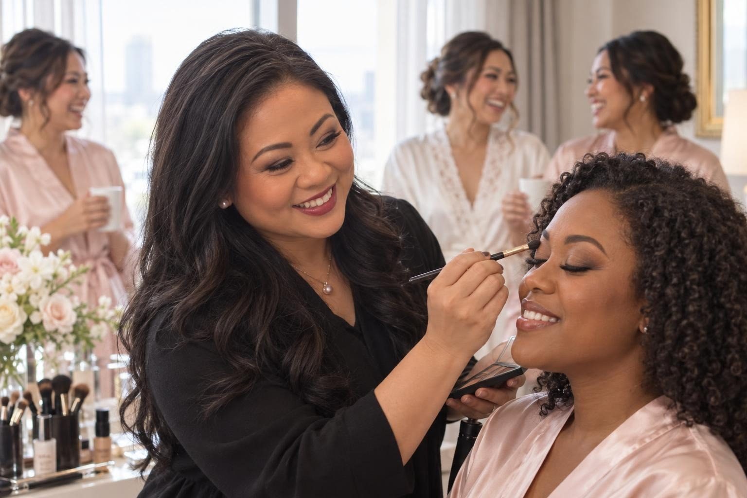 Linh doing a bridesmaid's eyeshadow while the bridal party laughs by the window