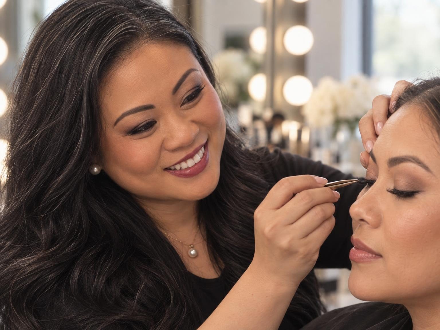 Linh placing a strip of lashes on a client with tweezers