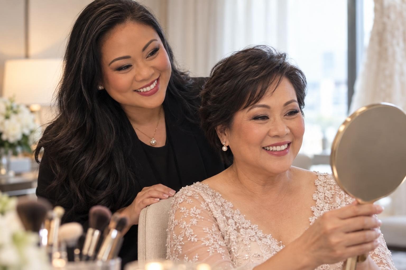 A mother of the bride smiling at her makeup in a hand mirror, Linh behind her