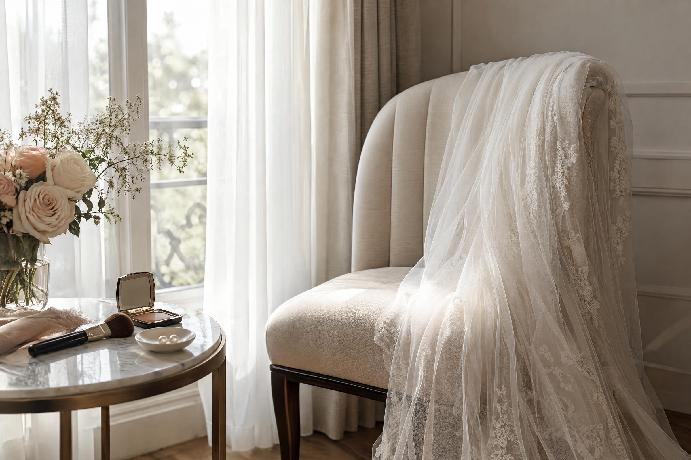 A bridal veil draped over a chair beside a sunlit window, pearl earrings waiting in a dish